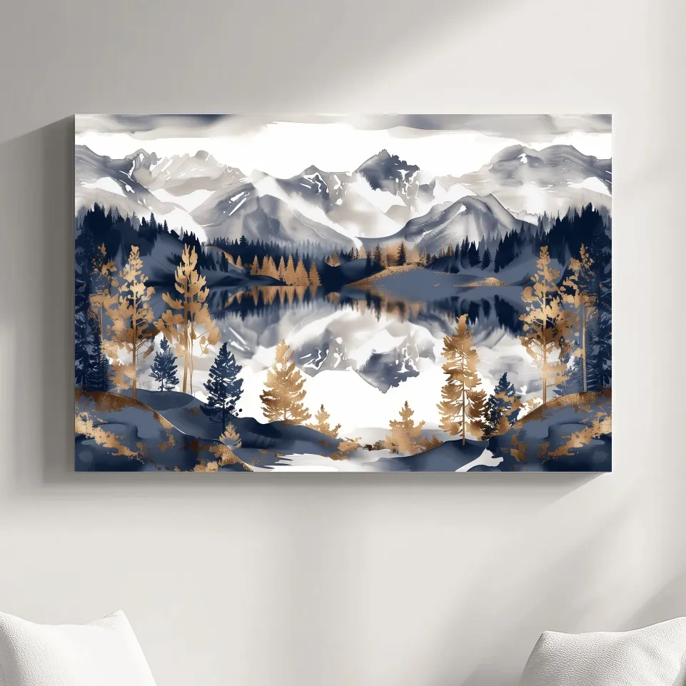 Gold leaf style alpine lake and mountain wall art painting