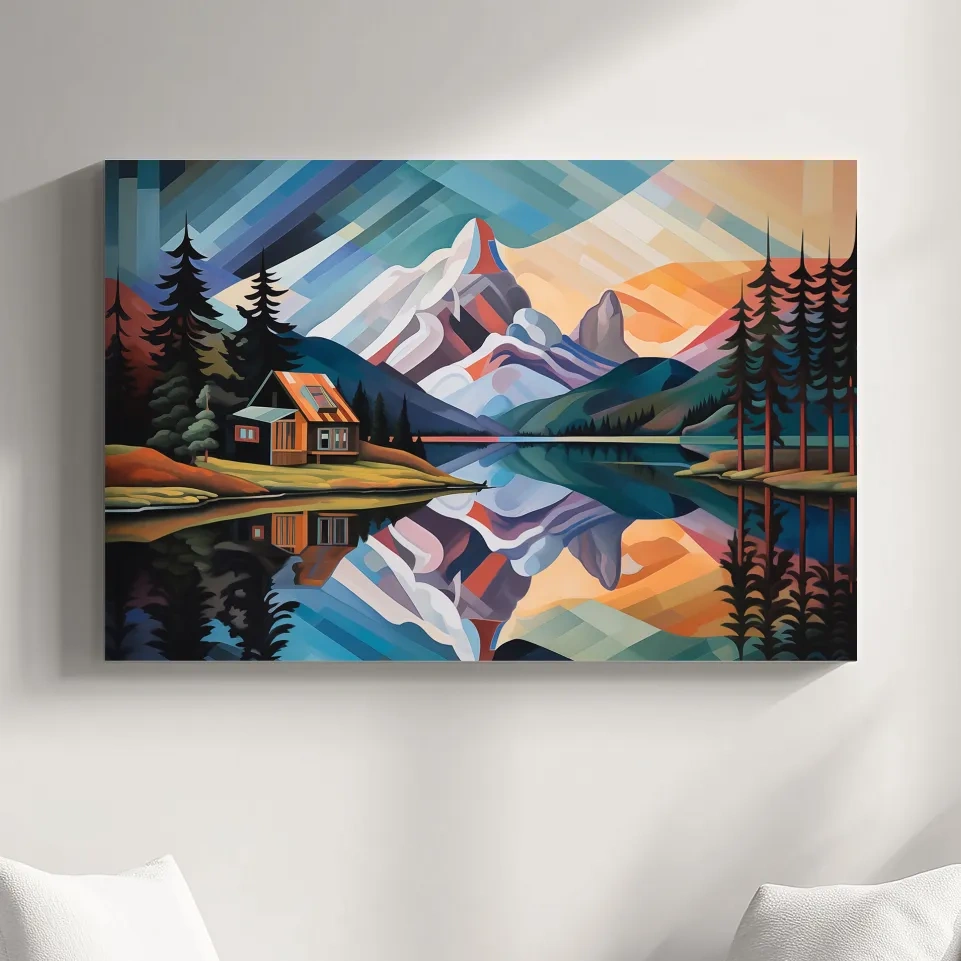 Abstract oil painting of a cabin by a lake at sunset