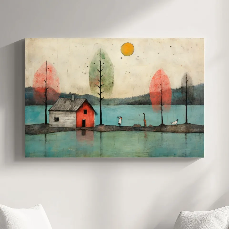 Painting of a quirky cabin on the lake, textured effect
