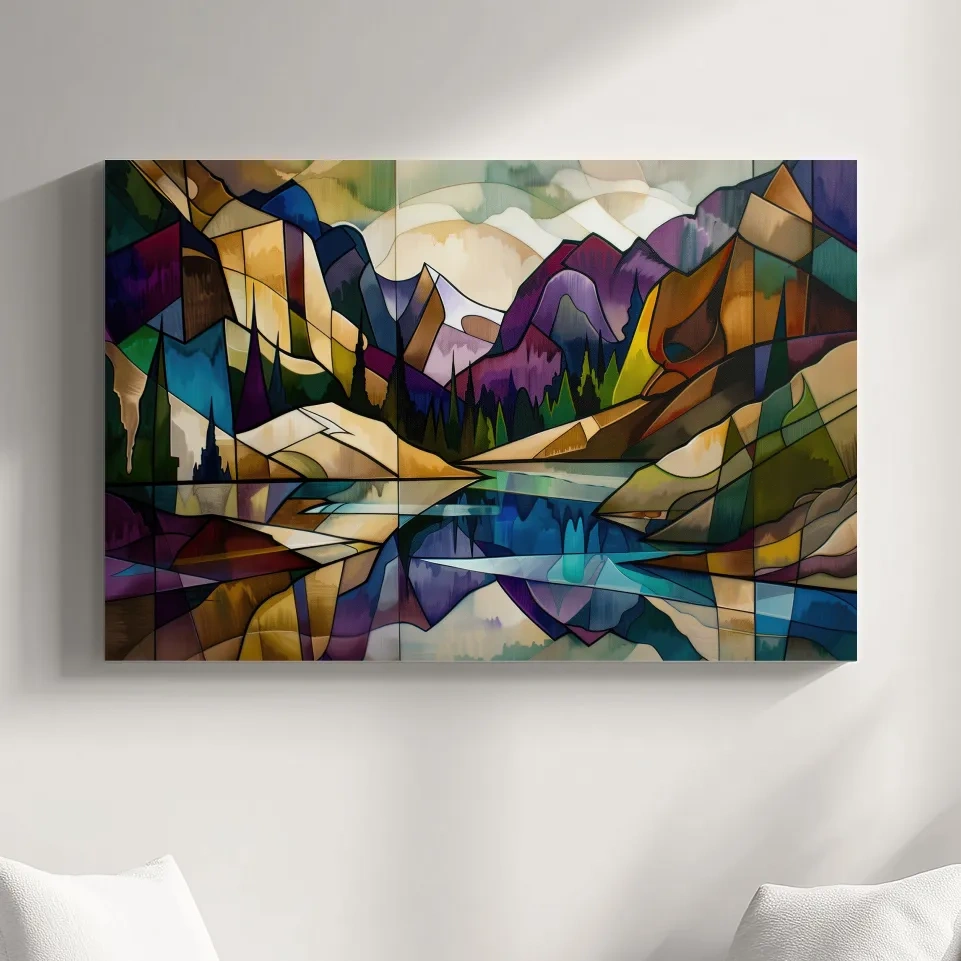 Alpine lake mountain art, colorful abstract leadlight style painting
