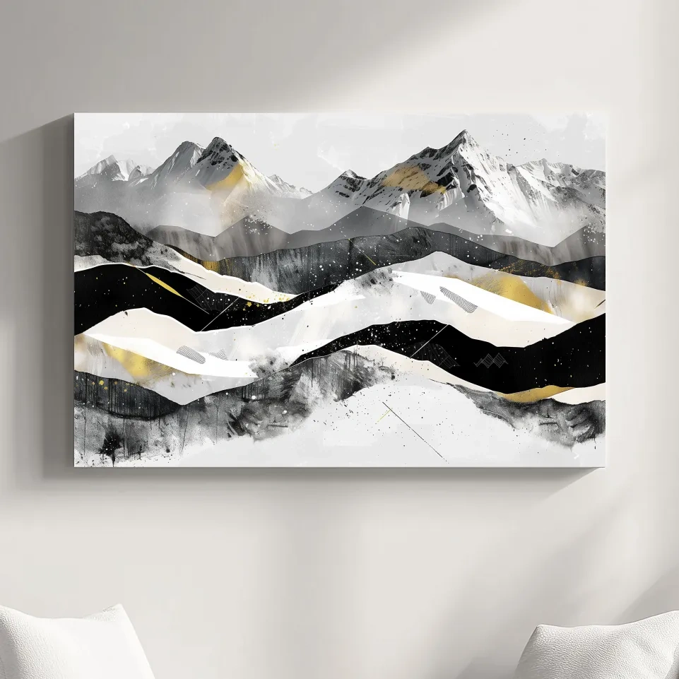 Snow capped mountains, modern black and white abstract artwork