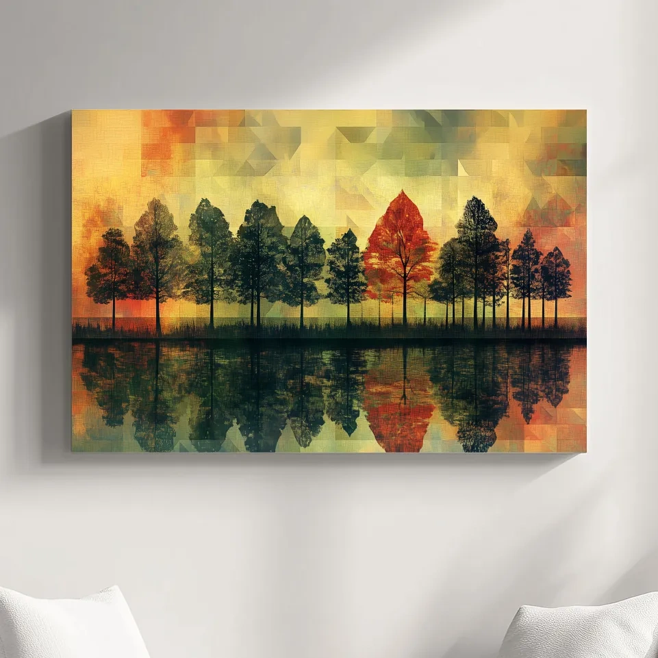 Autumn forest treeline reflections on a lake, mosaic style painting artwork