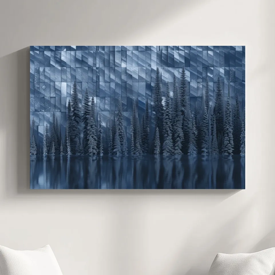 Digital forest artwork, trees reflecting on the lake, tessellated mosaic effect