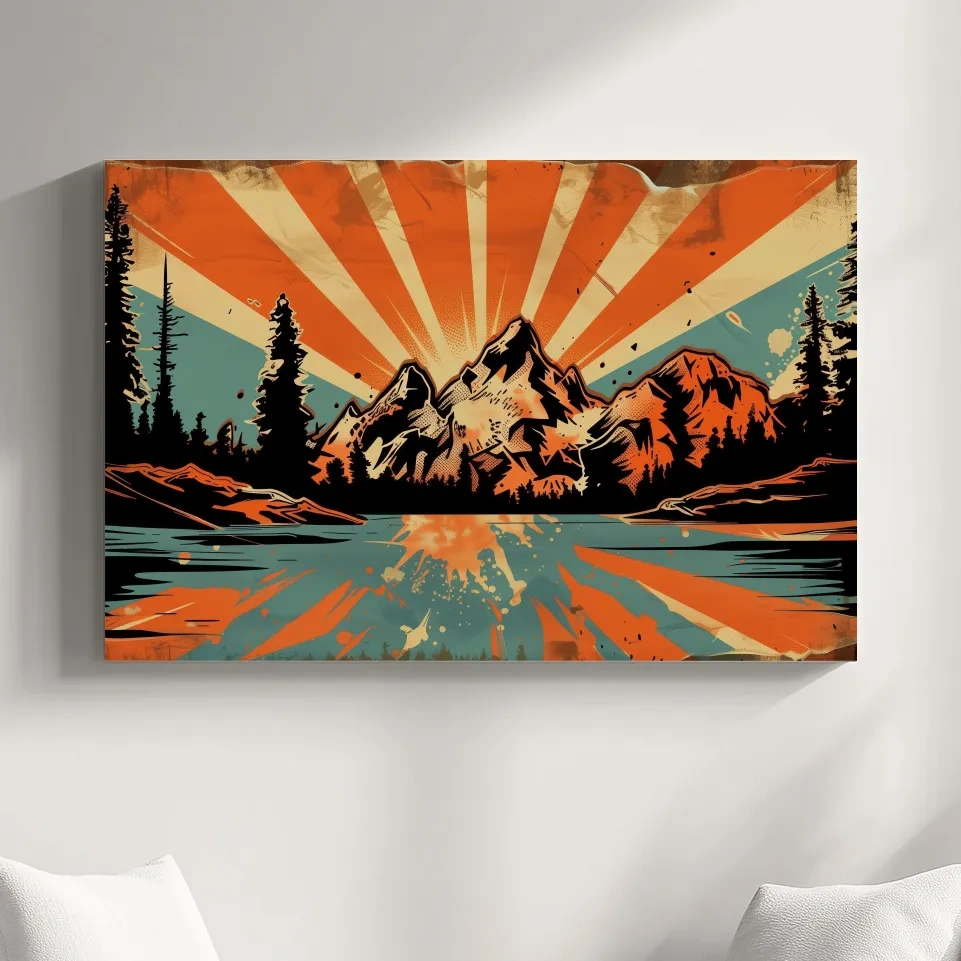 Retro comic book style halftone mountain wall art, sunrise rays from behind a glacier and alpine lake,