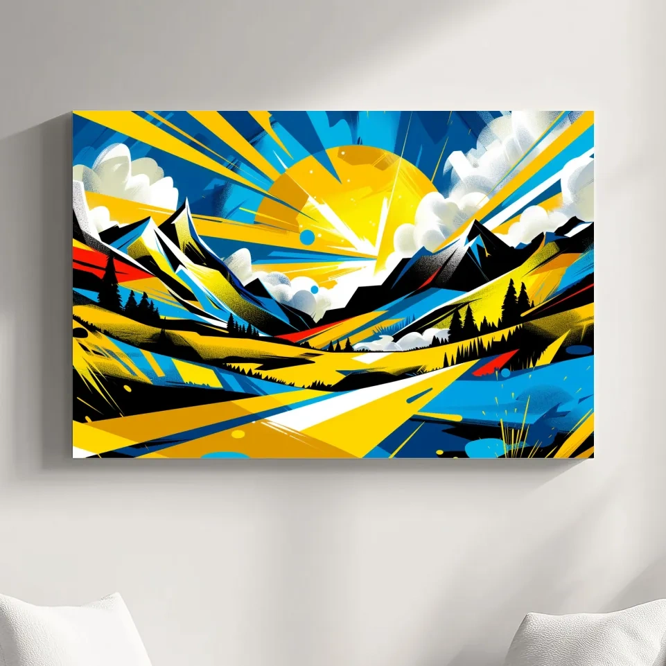 Graffiti style sunset mountain wall art, vibrant bright colorful artwork