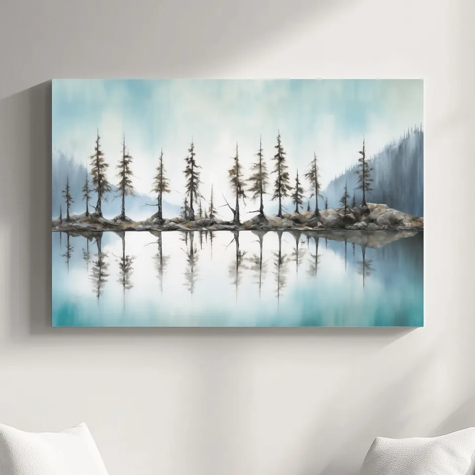 Painting of alpine trees by a torqouise lake