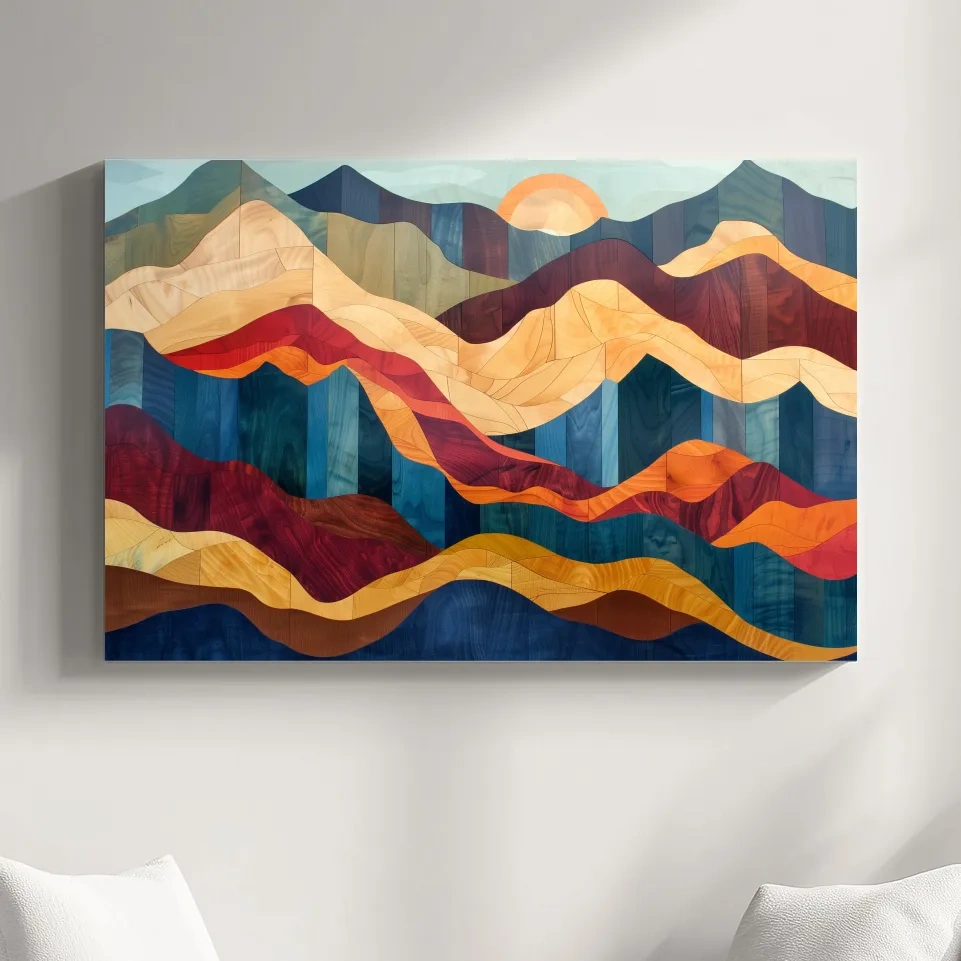 Wood intarsia style wall art, colorful mountain patterns with wood grain effect