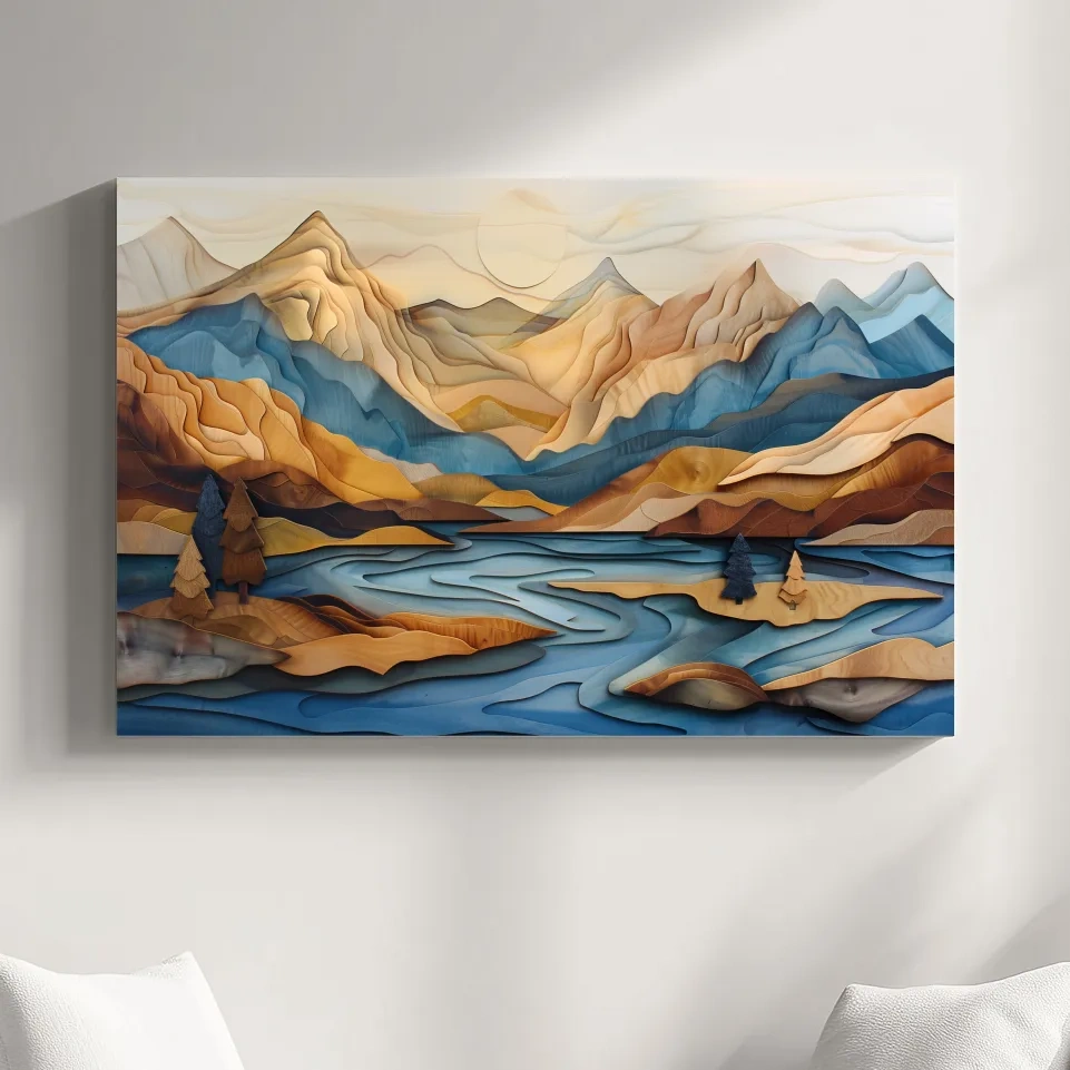 Alpine mountain and lake landscape scene, 3d layered effect wood intarsia style artwork