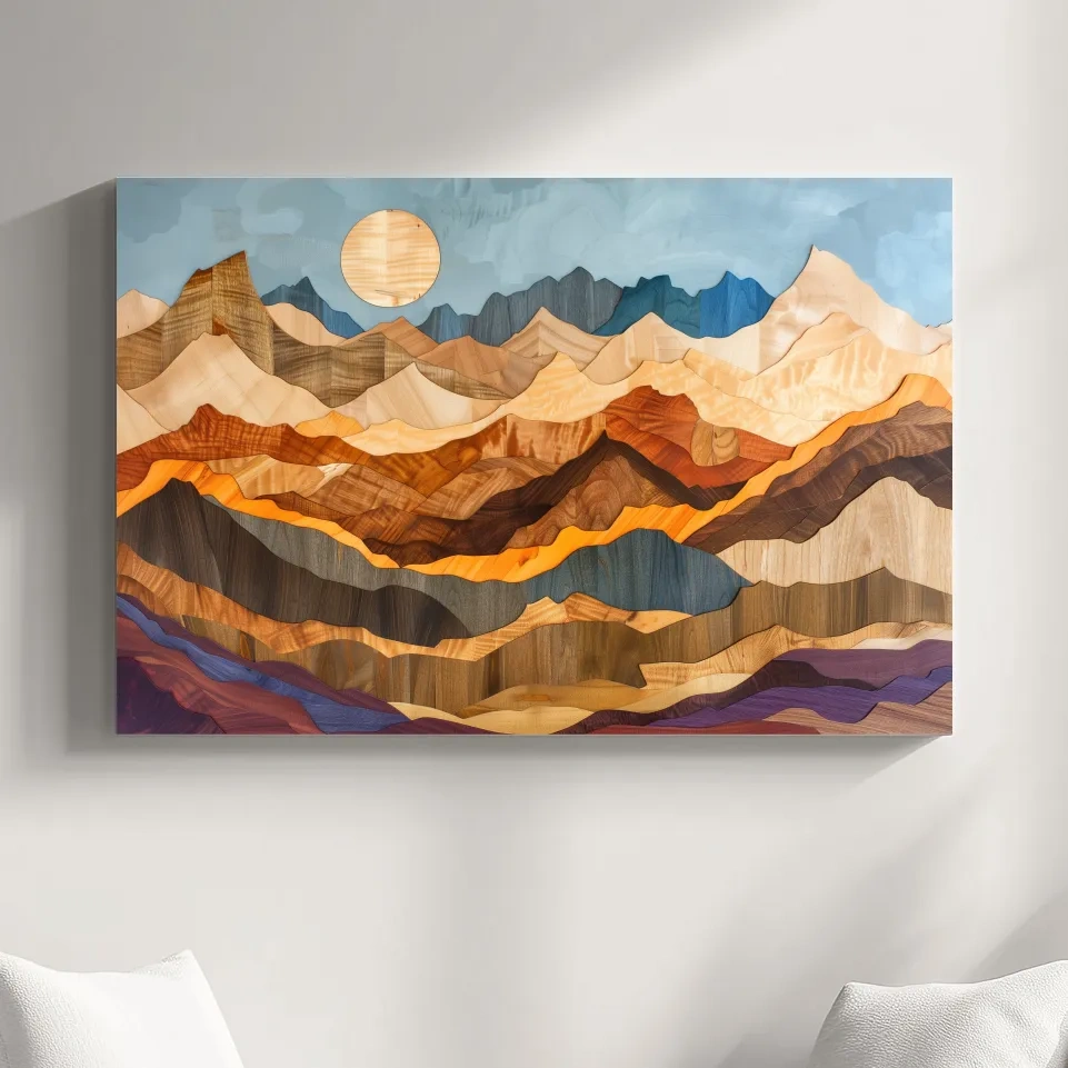 Colorful mountain patterns, 3d layered effect wood intarsia style canvas art