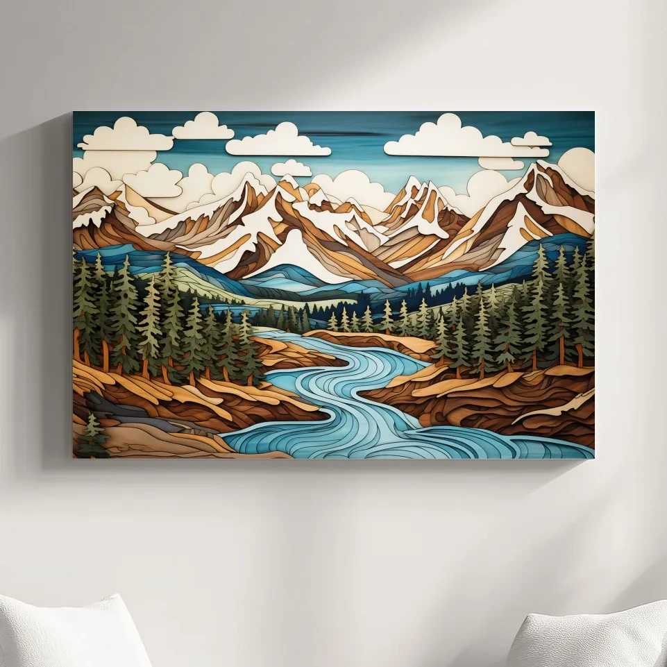 Intarsia style artwork of a mountain, river and forest landscape