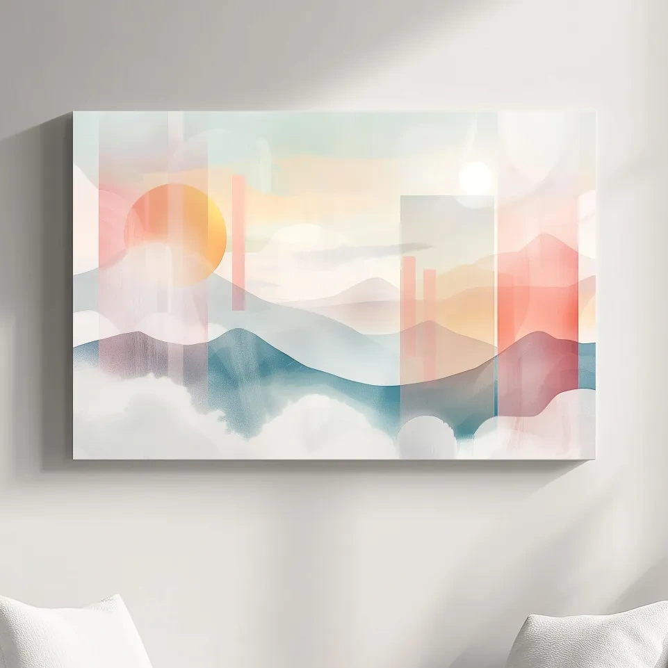 Mountains at sunset, soft pastel watercolor painting wall art