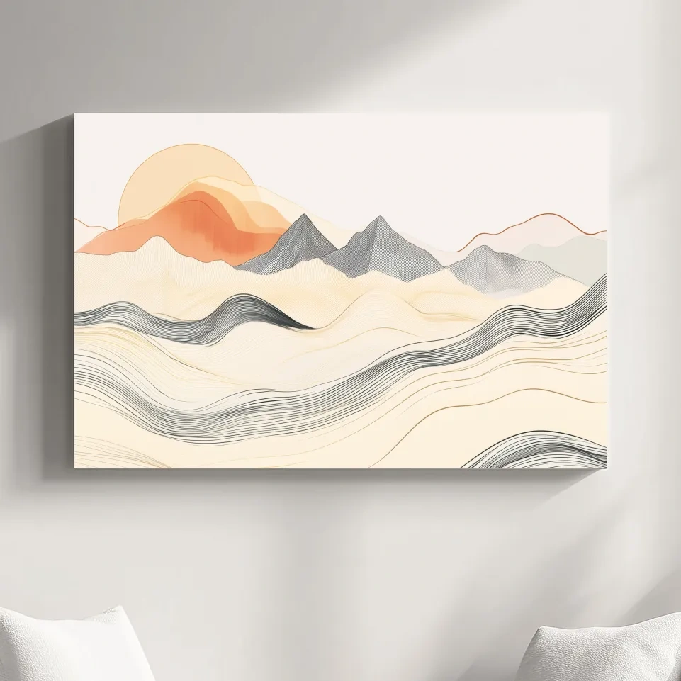Mountain sunset wall art, abstract lineart illustration