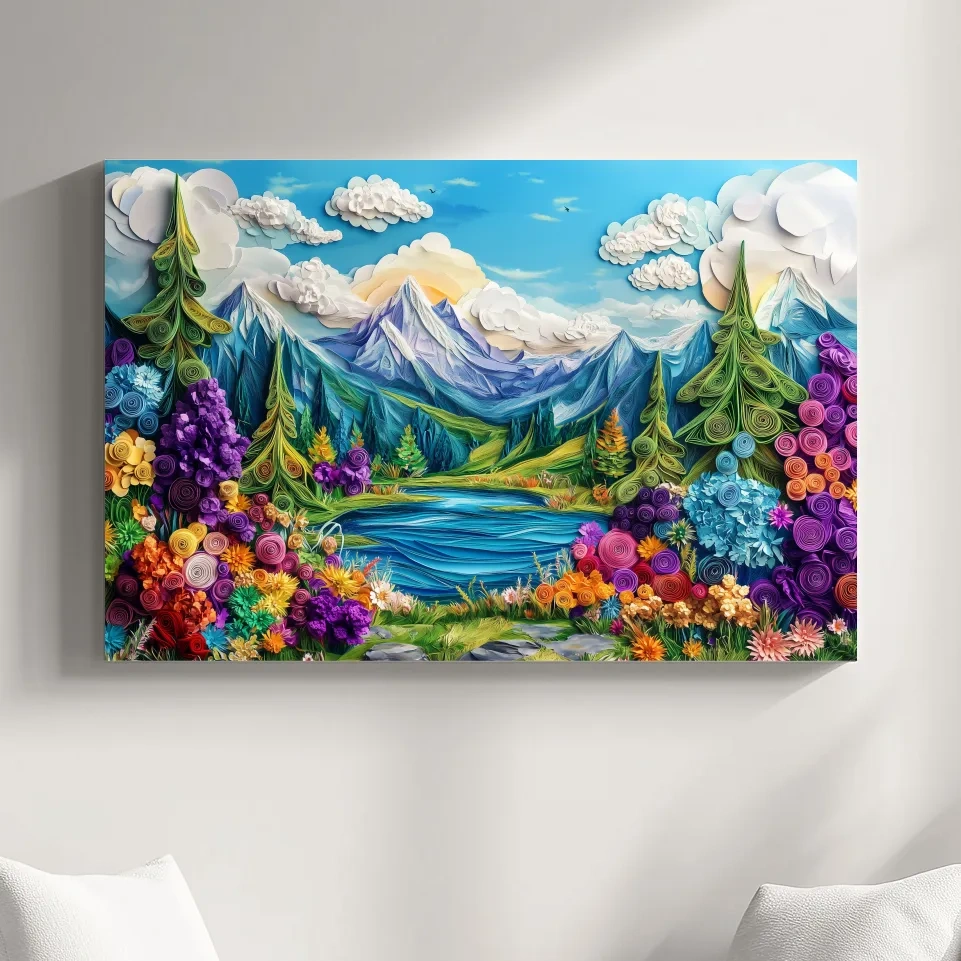 Vibrant alpine meadows artwork, 3D paper quilling effect