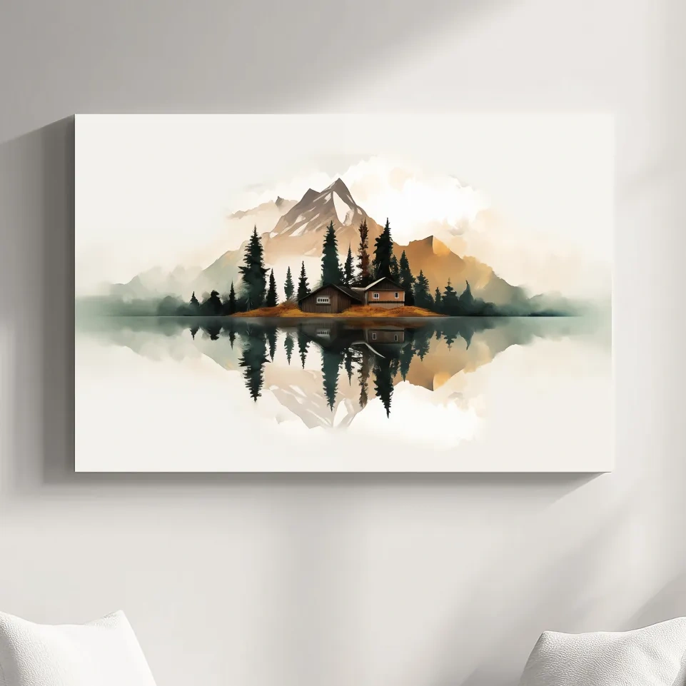 Minimalist art, glacier, lake, cabin, trees