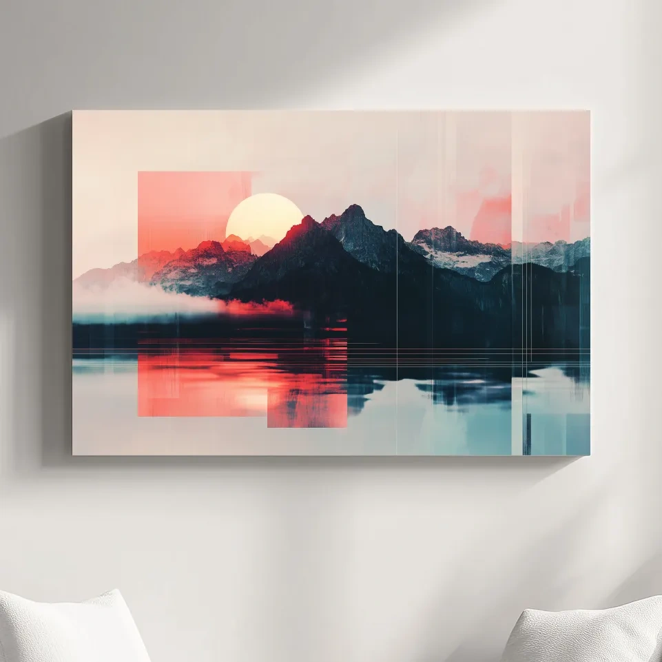 Sunset mountain wall art, glitch art effect