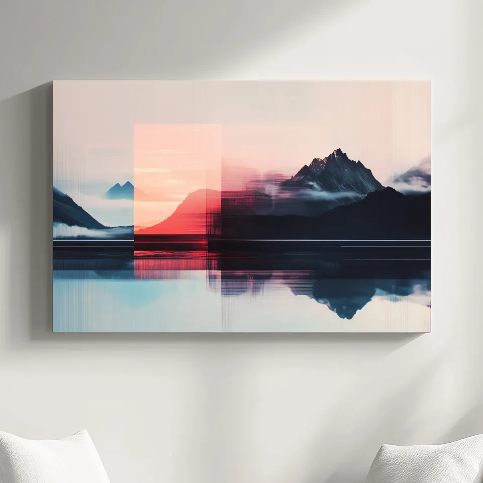 Mountains in the clouds at sunset, glitched wall art effect