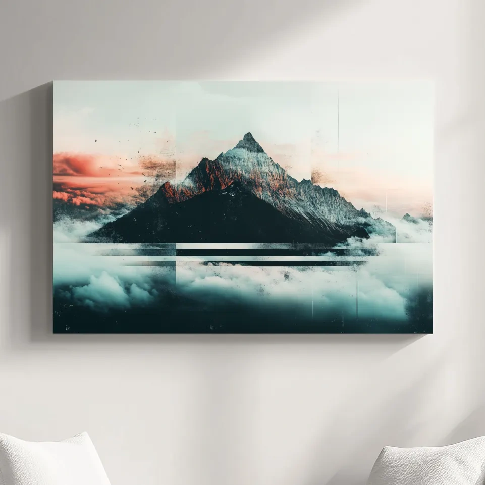 Mountain peak in the clouds at sunset, glitch style artwork