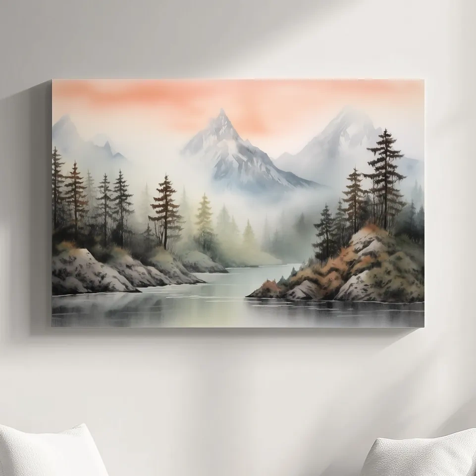 Chinese style ink wash watercolour painting of mountains