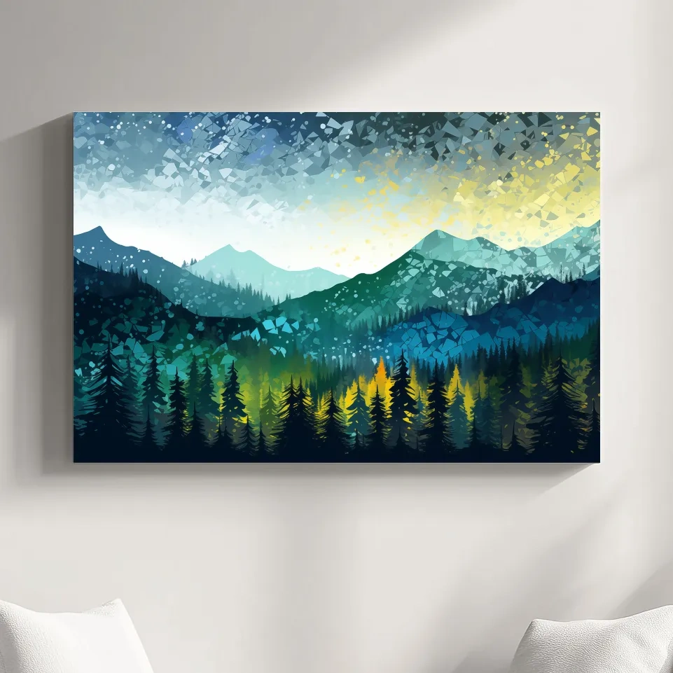 Vibrant forest and mountain art, abstract pointillism