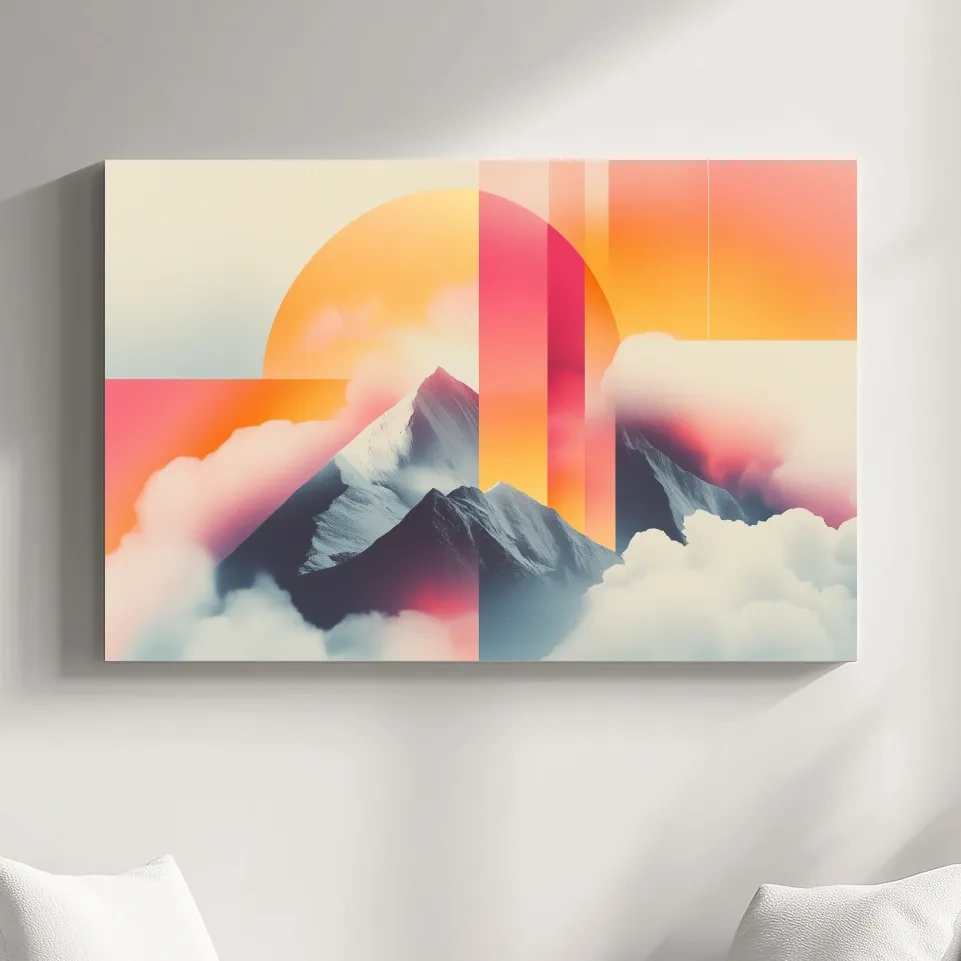 Retro style mountain wall art, sunset in the clouds