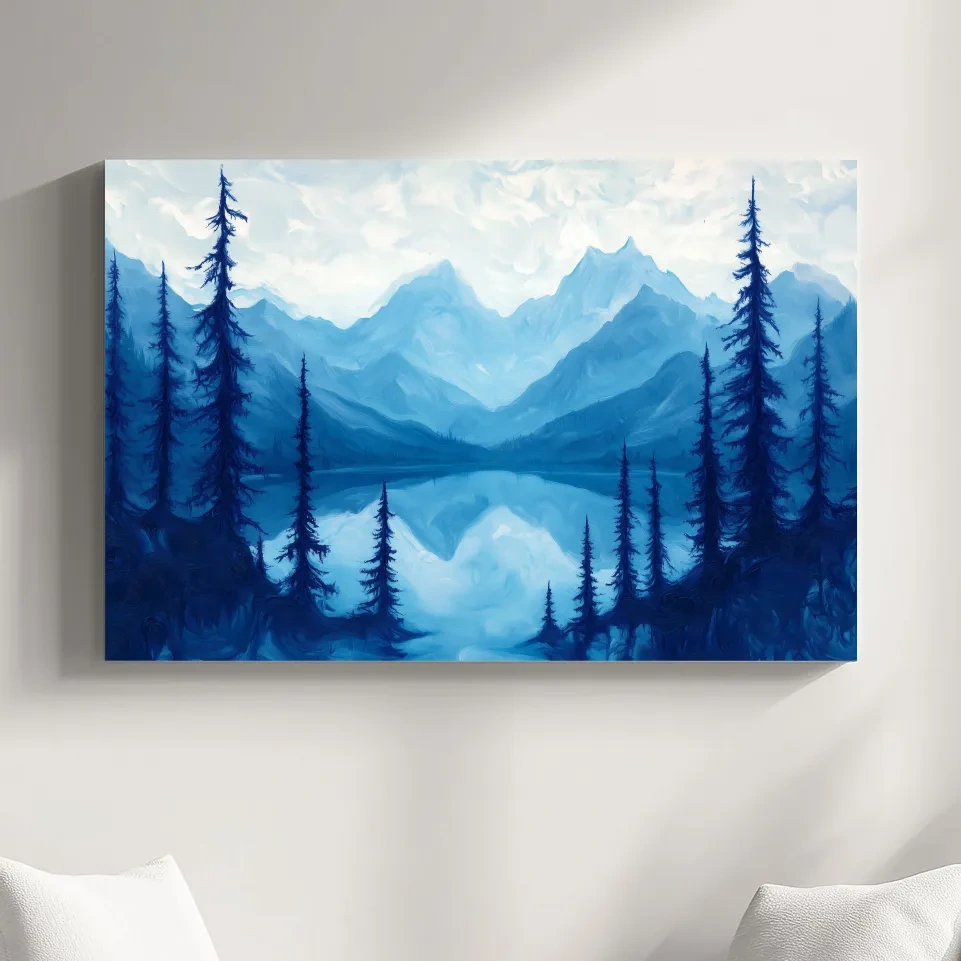 Oil painting artwork, view over an alpine lake in the mountains