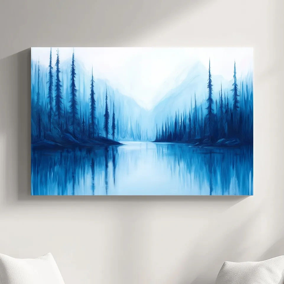 Impressionist style painting of a treelined alpine lake