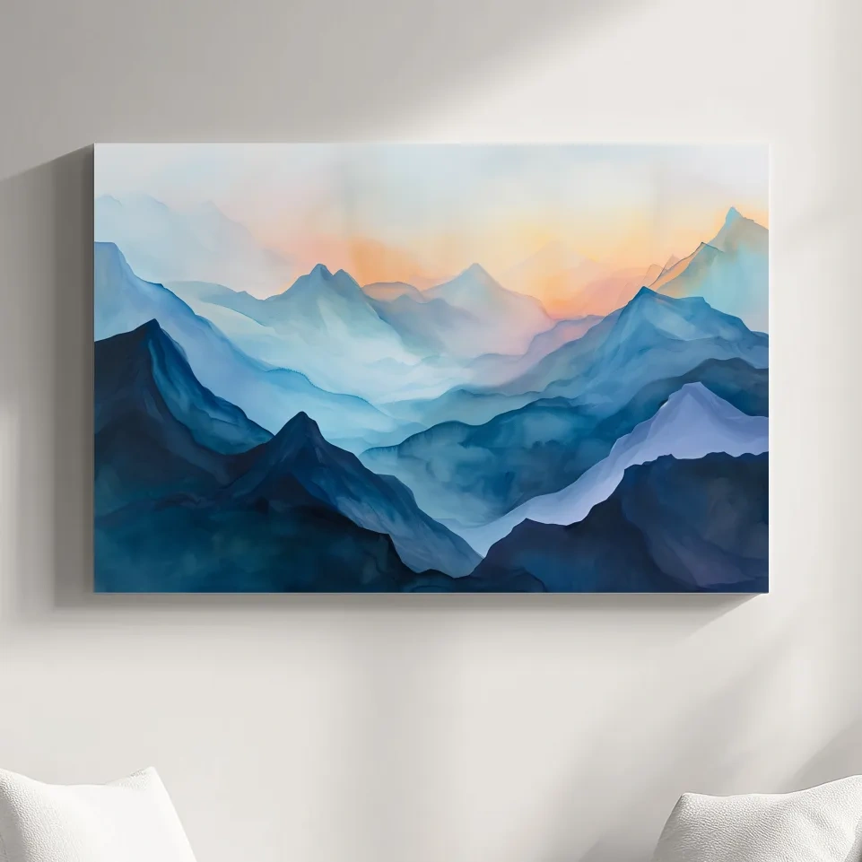 Abstract mountain painting, colourful mountain ranges at sunrise