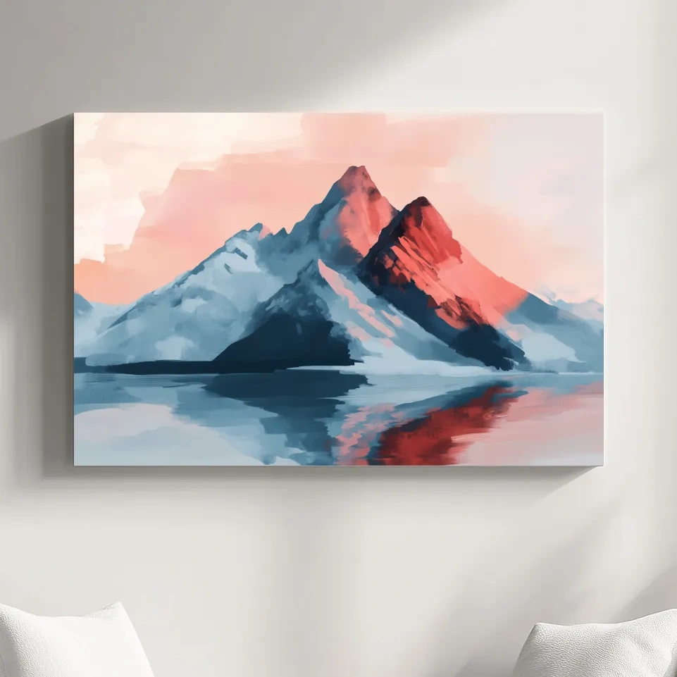 Pastel mountain painting at sunset, glacier reflecting on a lake