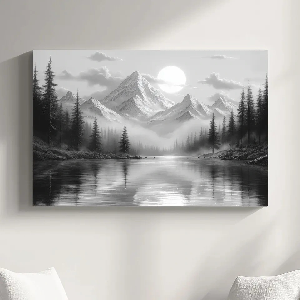 Misty forest and alpine lake beneath a glacier, black and white wall art