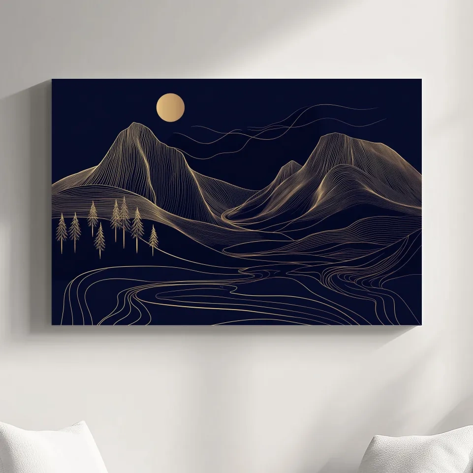Elegant mountain wall art, gold contour line artwork style