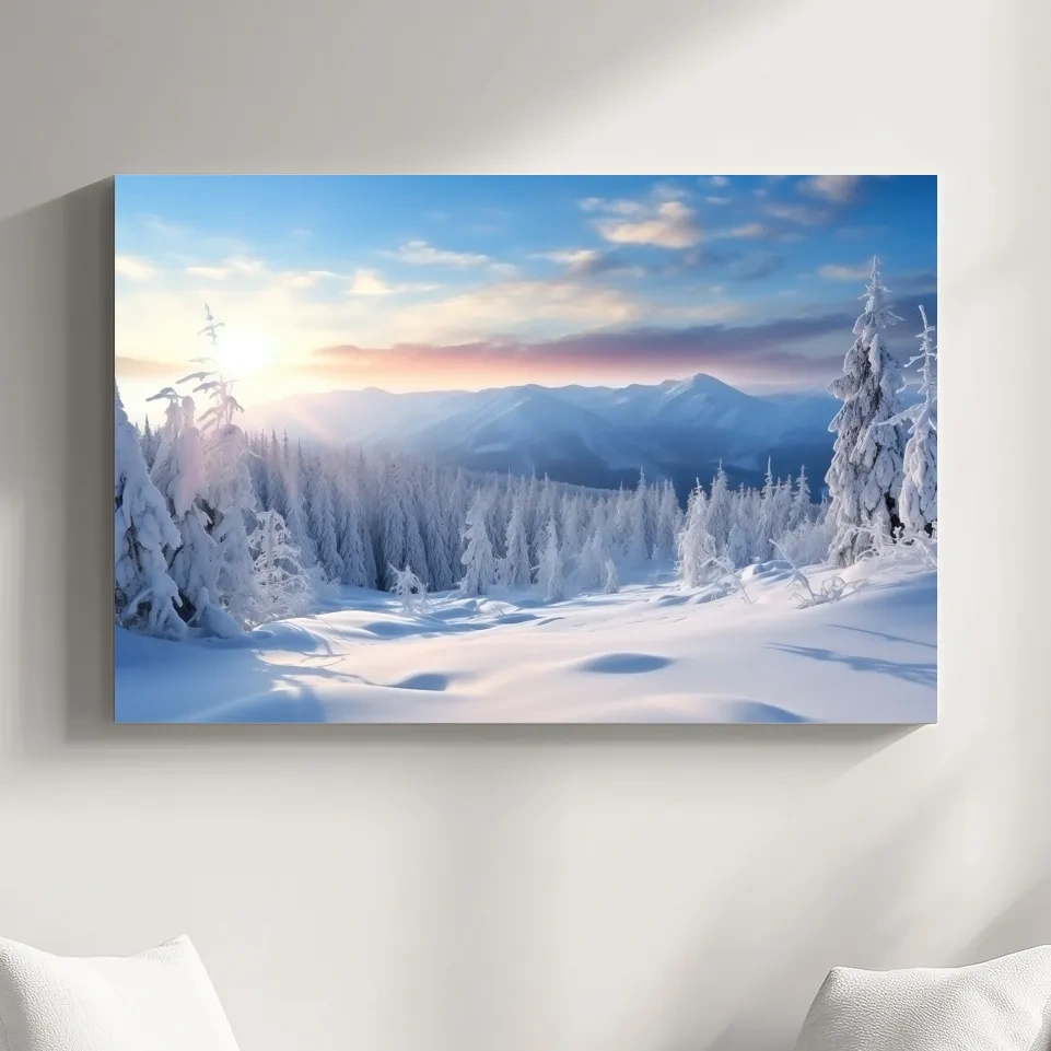 Snow covered alpine forest at sunset, photographic art