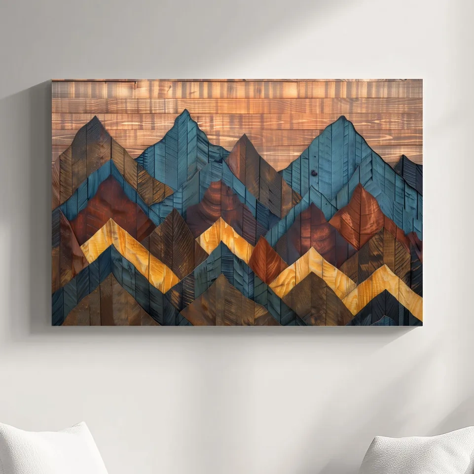 Rustic mountain wall art, 3D layered wood panel effect