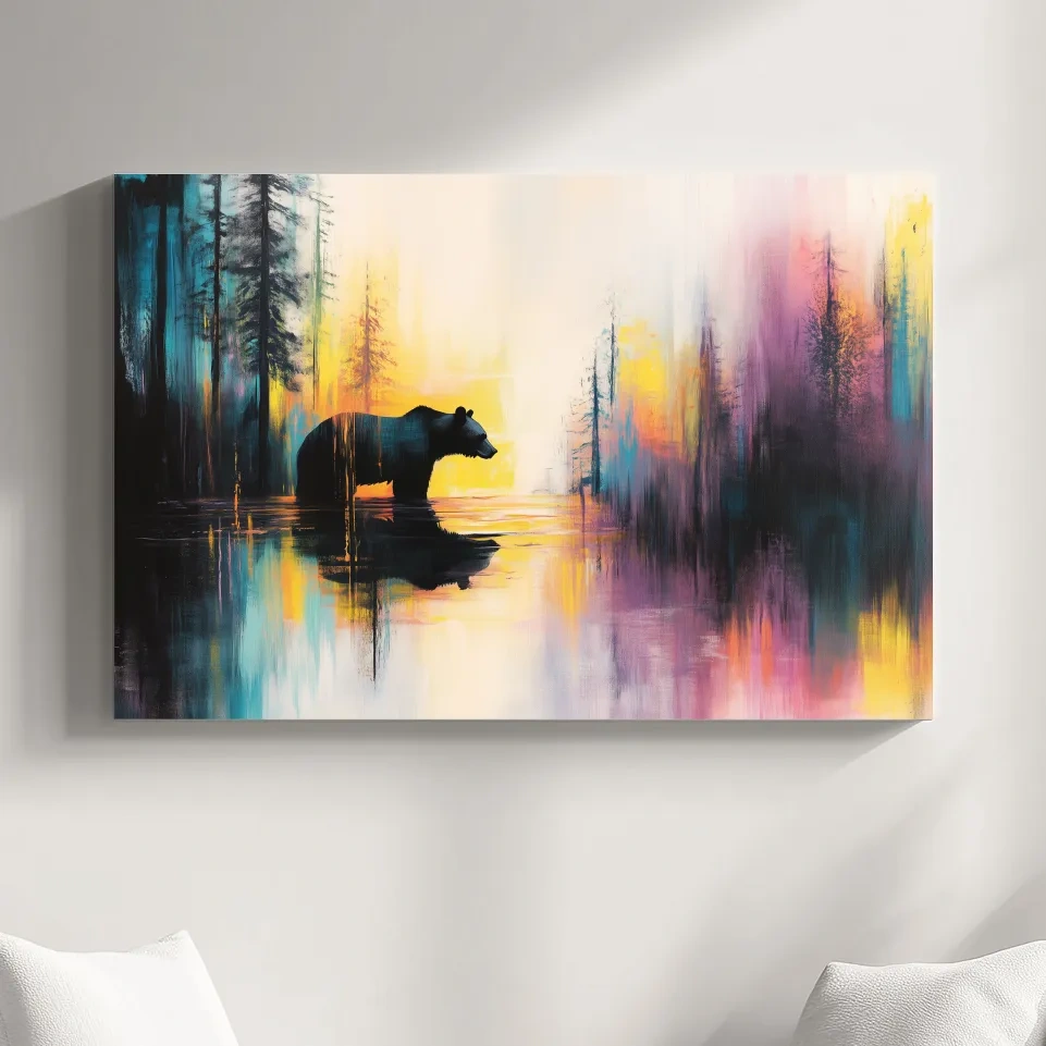Grizzly bear in a river painting, colorful abstract wall art
