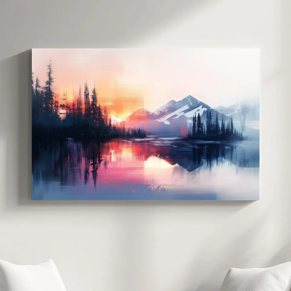Textured painting wall art, sunset over alpine mountains, lake and forest