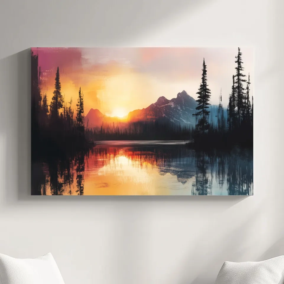 Abstract mountain art painting, sunset over a lake and forest