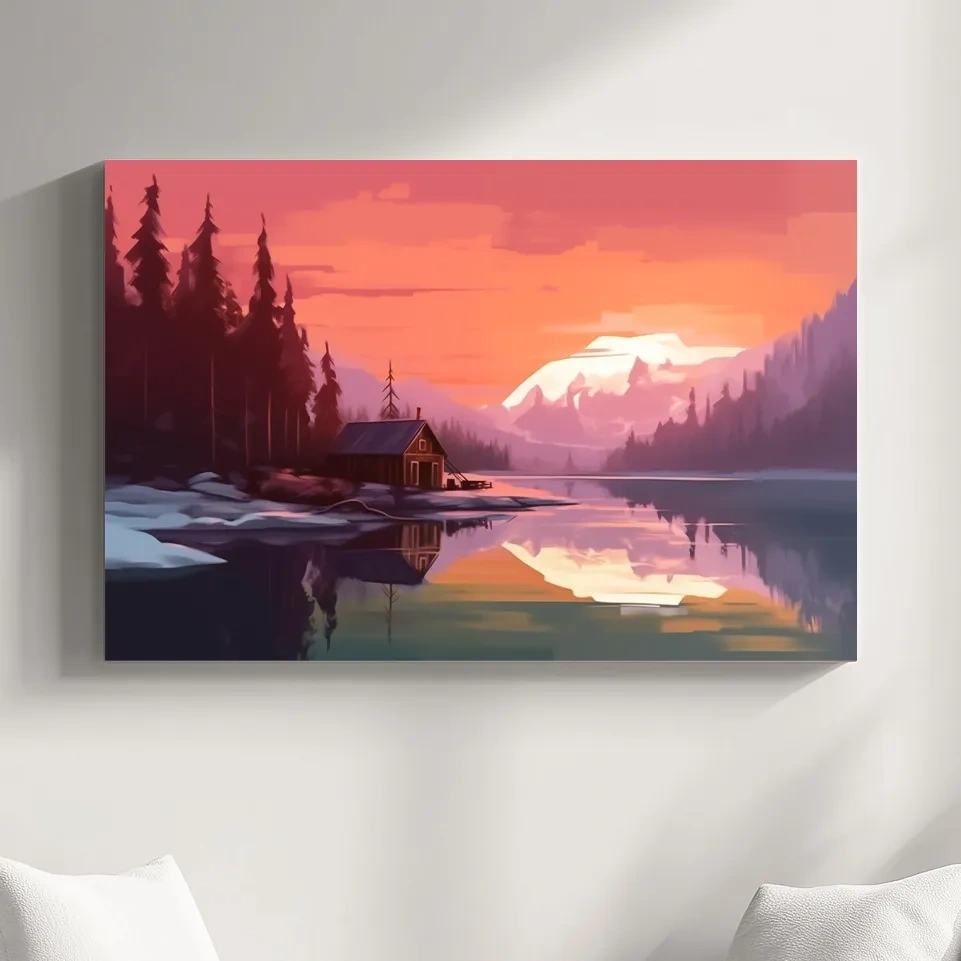 Sunset Mountain Lake Cabin Painting - Serene Alpine Landscape Wall Art