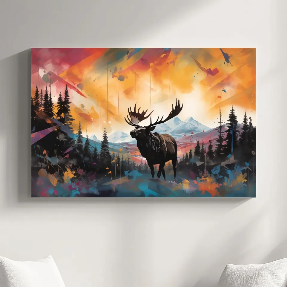 Abstract vibrant painting of a moose in forest scenery