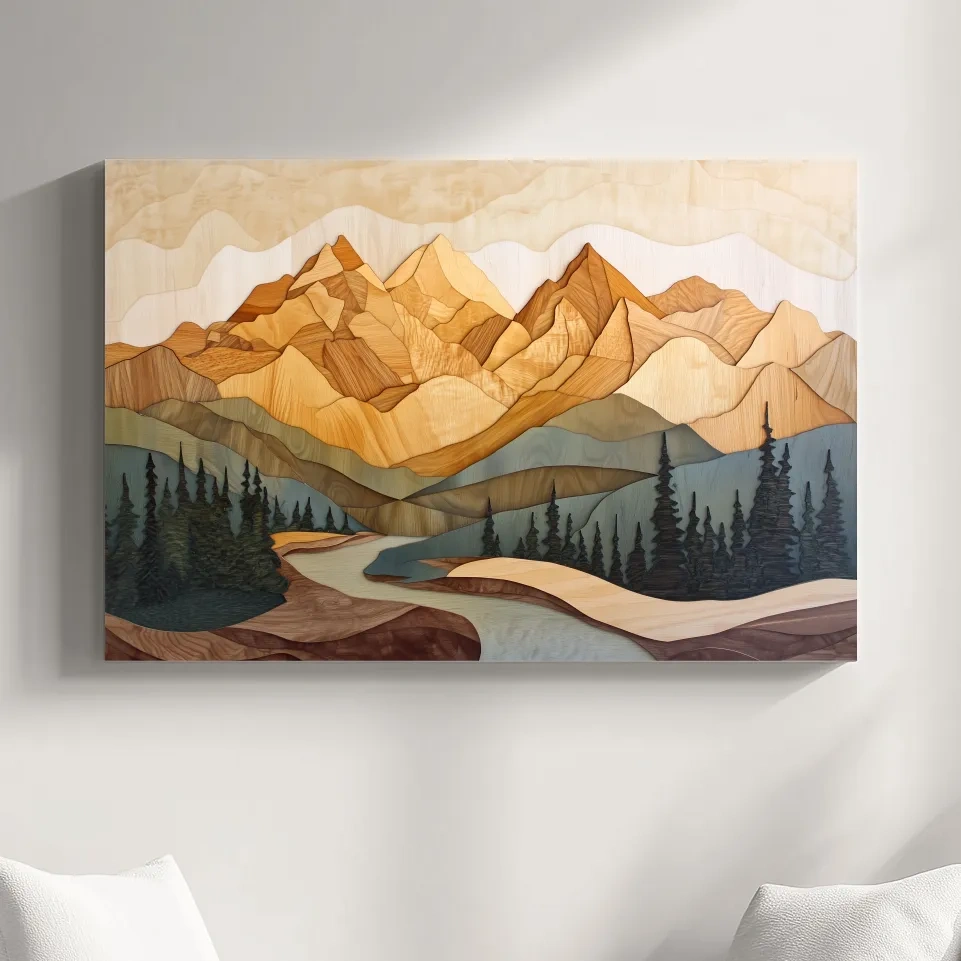 Alpine forest mountain artwork, 3d layered wood intarsia style art