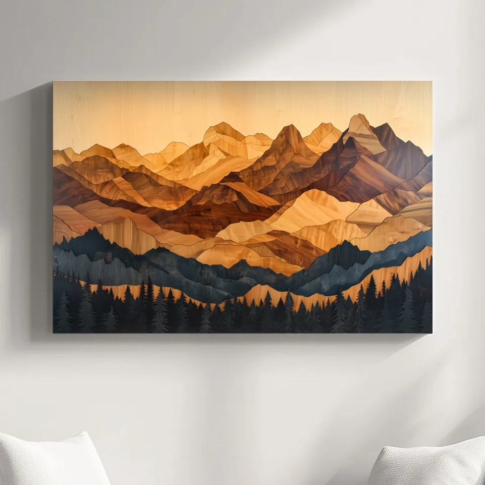 Mountain and forest wall art, 3d wood intarsia style layered wood effect