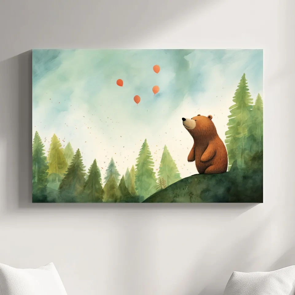 Illustration of a cute happy bear gazing into the sky, nursery wall art