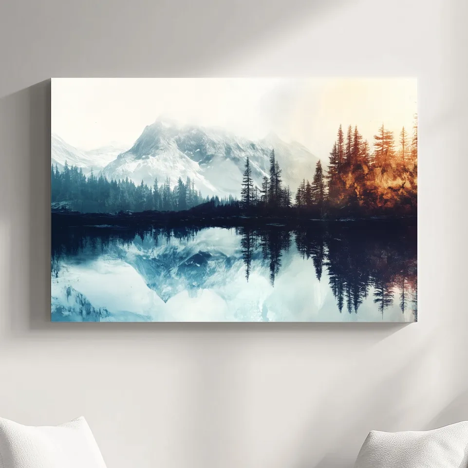Mountain wall art, foggy glacial lake and forest in fall, textured painting effect