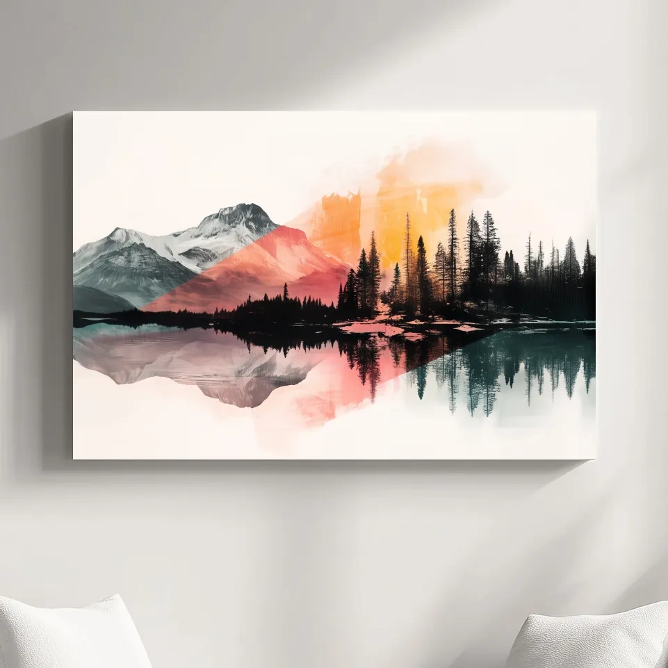 Modern abstract mountain wall artwork painting, glacial lake and forest, vibrant textured style