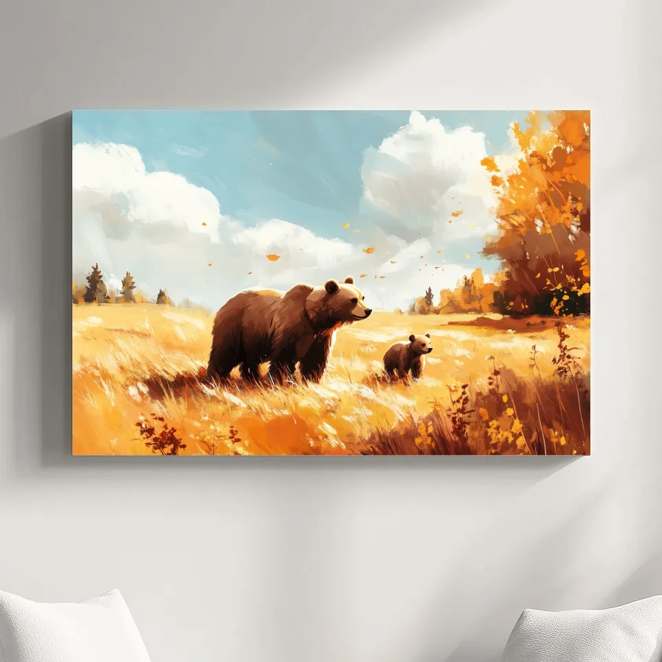 Autumn wildlife wall art, mother bear and cub in a golden meadow, painterly and impressionism style