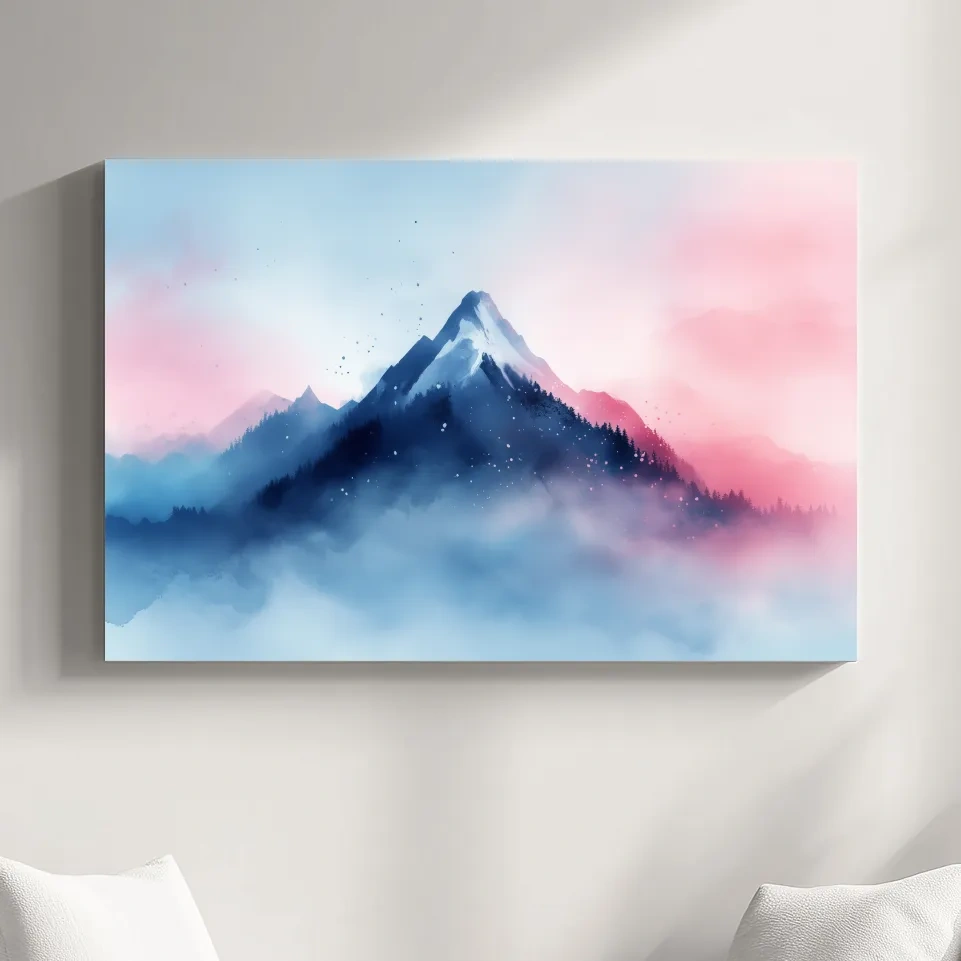 Dreamy mountain painting artwork, glacial peaks above the clouds in pastel hues