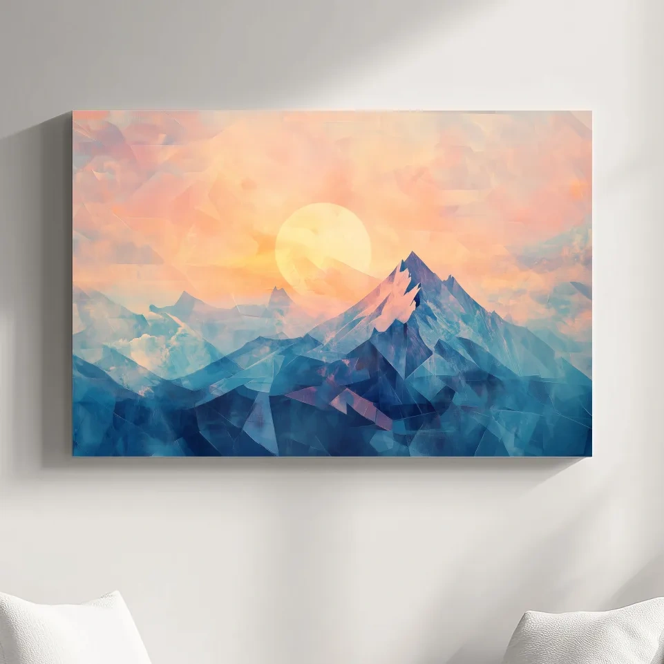 Sunset mountain wall art, geometric fragmented mosaic effect, textured art finish