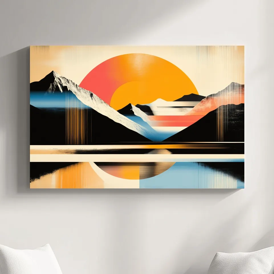 Abstract alpine mountain wall art, bold retro geometric landscape with vibrant colors