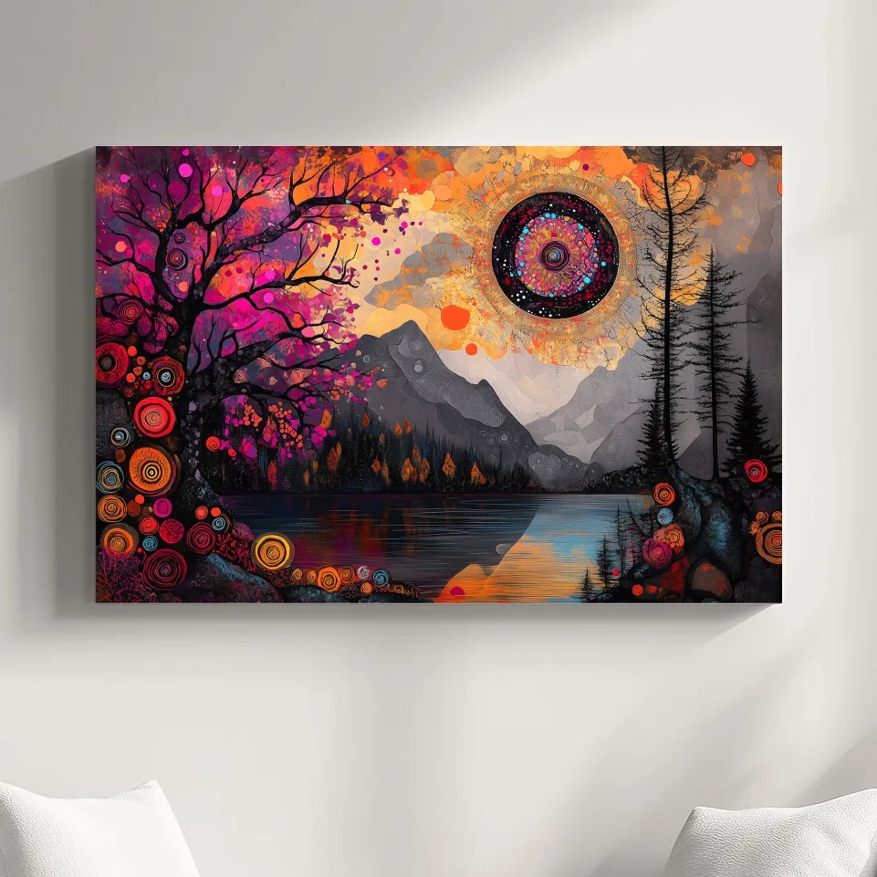 Trippy and surreal abstract mountain landscape at sunset, intricate textured patterns, vibrant colors, cosmic style