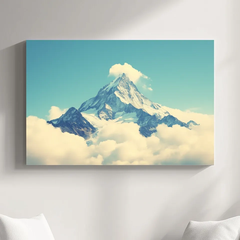 Minimal painting of a mountain peak emerging through clouds, serene artwork with soft blue sky