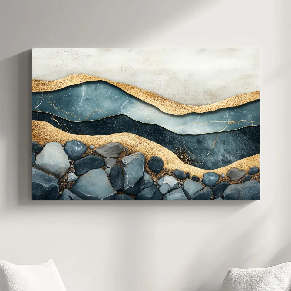 Elegant riverbed sand and rock artwork, modern textured wall art with natural sediment layers