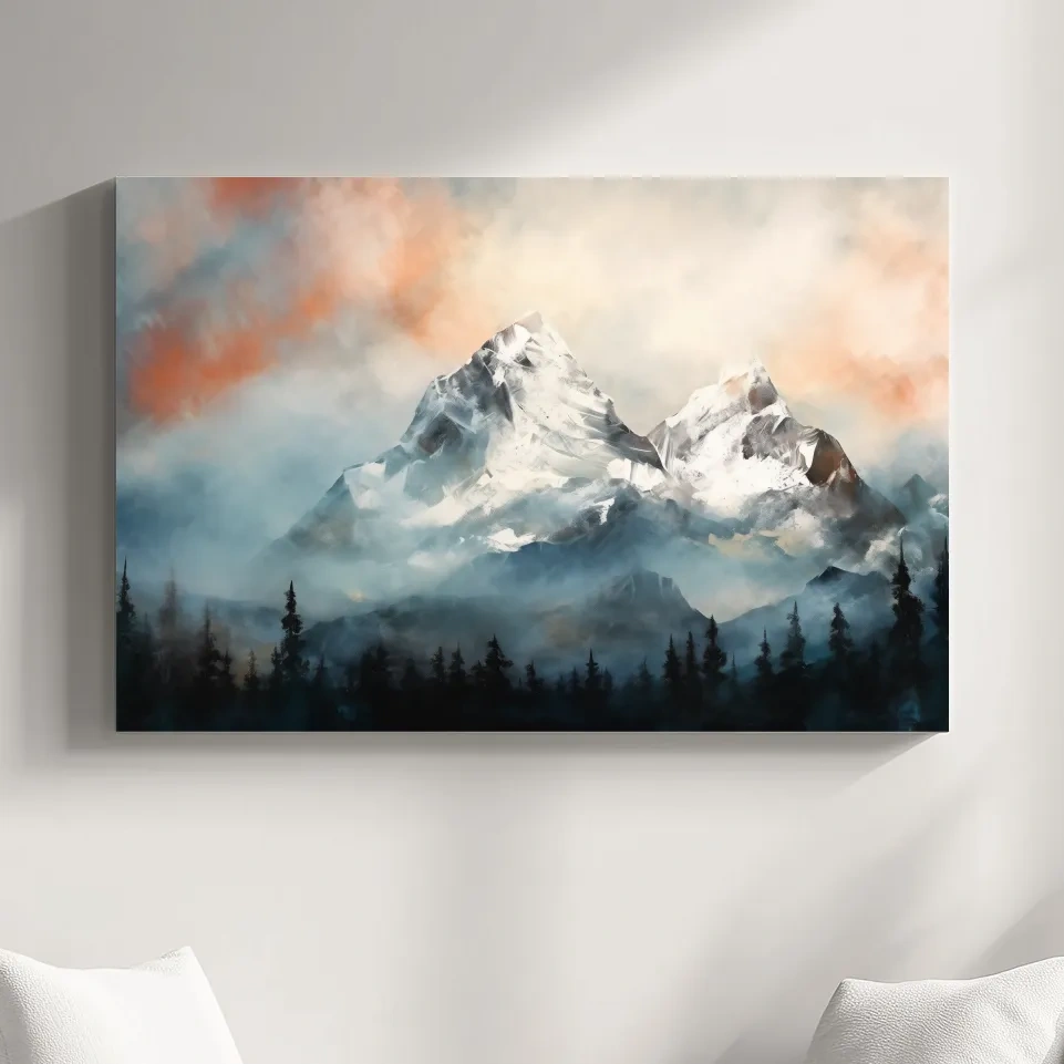 Impressionist mountain painting, sunset glacier in the mist